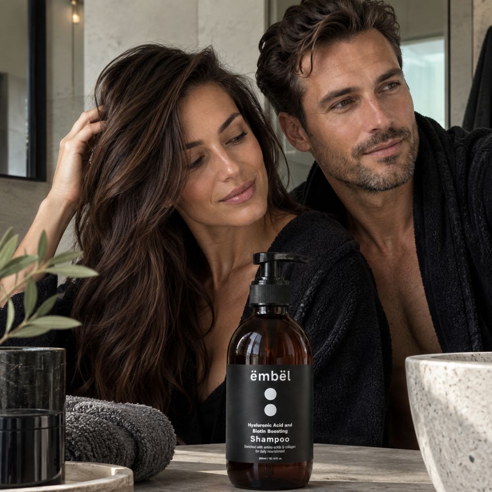 ëmbël Hyaluronic Acid & Biotin Boosting Shampoo je profesionálny unisex šampón pre ženy a mužov s oslabenými, rednúcimi a namáhanými vlasmi.